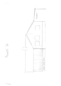 En håndtegnet fasadetegning (oppriss) av en bygning, merket 'Fasade D' og med 'garasjeport' angitt.