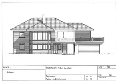 Fasadetegning av et bolighus (FASADE 1) med oppgitt mål 1:100.