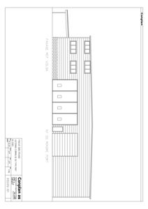 Fasadetegning som viser fronten på en bygning med vinduer og utvendige vegger.
