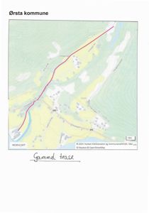 Et kart over Ørsta kommune som viser en rød linje (merket 'Gammel trase') og topografi.