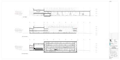 Snittegning som viser tverrsnitt gjennom bygningen i ulike etasjer (G+1, G+2 og G+3).