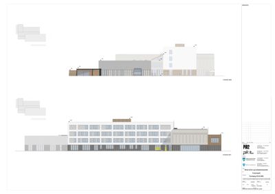 Fasadetegning som viser bygningens utseende fra to ulike vinkler (vest og øst).