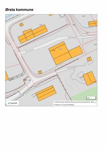Kart over Ørsta kommune som viser bygninger (gule felter), veier (Torvmyrane) og topografi.