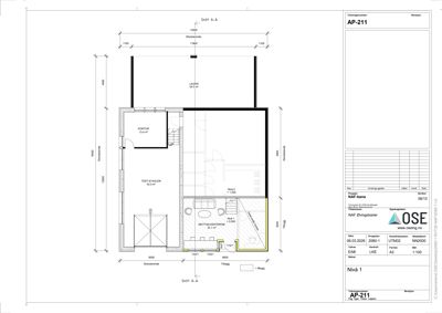 Snittegning (Snitt A-A) som viser romfordeling, høyder og konstruksjonsdetaljer for etasje 1.