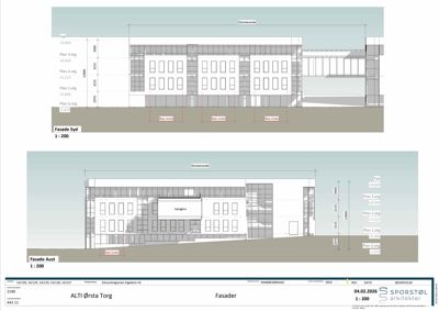 Bildet viser fasadetegninger for en bygning, spesifikt 'Fasade Syd' og 'Fasade Aust', med mål og høyder.