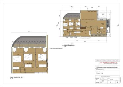 Bildet viser etasjeplaner (1. etg) og et snitt (1. etg utsnitt) for en ombygging av en bolig.