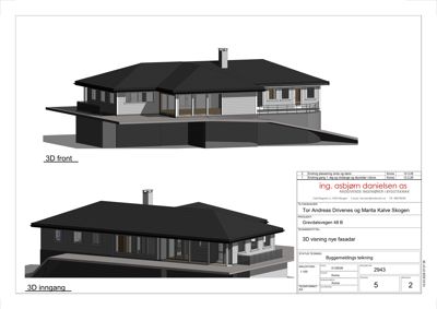 3D-visning av en bolig med to perspektiver: '3D front' og '3D inngang'.