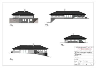 Fasadetegning som viser bygningens utseende fra fire sider: Aust, Nord, Vest og Sør.