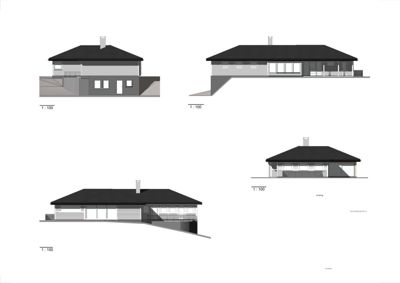 Fasadetegning som viser bygningens utseende fra fire sider: Aust, Nord, Vest og Sør.