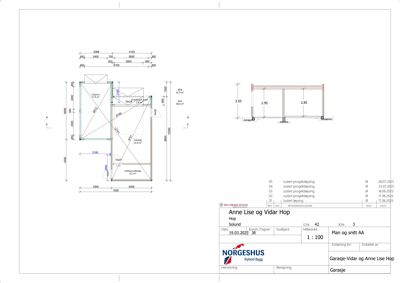 Tegning som viser tverrsnitt gjennom en garasje og en bolig, med mål på høyder og bredder.