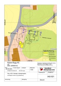 Situasjonsplan som viser tomtens beliggenhet, høydemålinger, nabobebyggelse og planlagt plassering av hus og garasje.