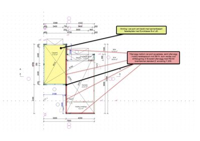 En detaljtegning som viser en snittgjenomgang av en bygning med mål, romfordeling (carport, hobbyrom, garasje) og tekniske notater om konstruksjon og brannvern.