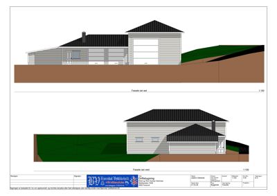 Fasadetegning som viser bygningens utseende fra to vinkler (sør-vest og vest).