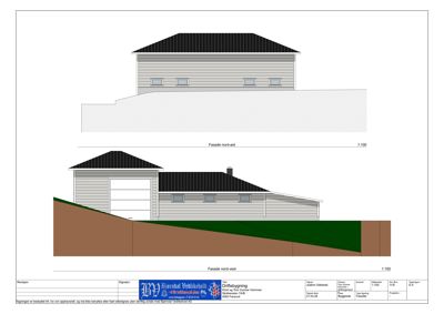 Fasadetegning som viser bygningens utseende fra nord-øst og nord-vest, inkludert takform, vinduer og fasadematerialer.
