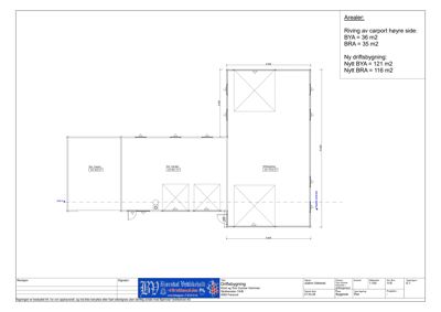 Etasjeplan for en driftsbygning som viser romfordeling, dimensjoner og arealoppsummering.