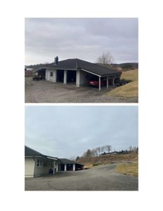 To fotografier av en eksisterende bygning (garasje/hus) sett fra utsiden.