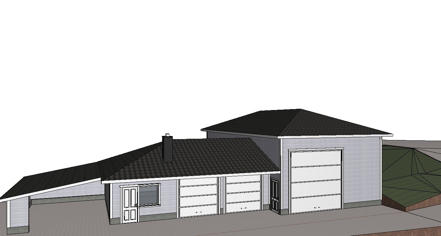 3D-visualisering av fasaden på en bolig med garasje og carport.