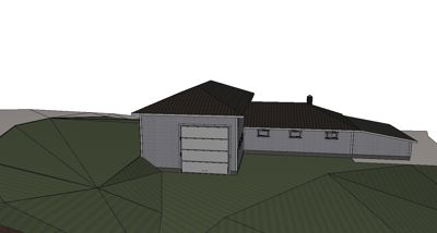 3D-visualisering (rendering) av en bygning sett fra siden, med synlig tak, fasade og terreng.