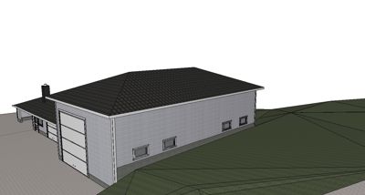 3D-visualisering av en planlagt bygning sett fra et vinklet utsyn.