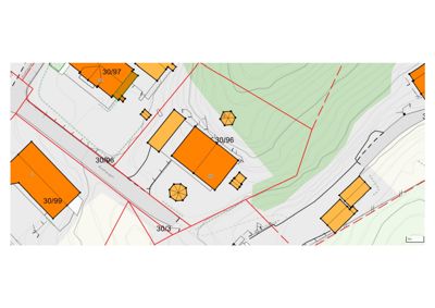Situasjonsplan som viser tomtene (30/96, 30/97, 30/99, 30/3), bygningers plassering, vegnett (Kvæstadsvegen) og terrengforhold.
