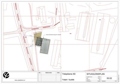 Situasjonsplan som viser bygningens plassering i forhold til nabolag, veier og eksisterende bygg.