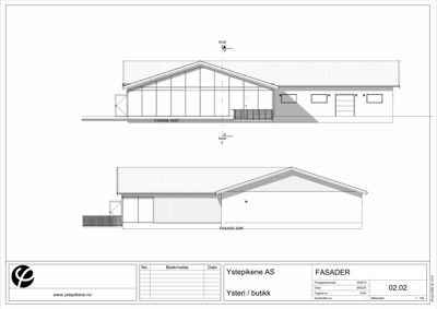 Fasadetegning som viser bygningens utseende fra vest og sør, inkludert takform, vinduer og inngang.
