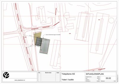 Situasjonsplan som viser bygningens plassering i forhold til nabolag, veier og eksisterende bygg.