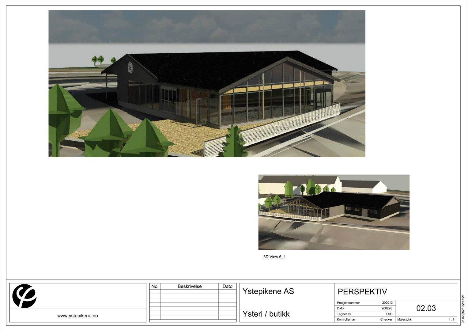 3D-visualisering (perspektiv) av en planlagt bygning (butikk) sett fra utsiden, inkludert omgivelsene.