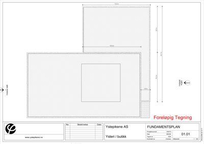 Fundamentsplan (grunnplan) med dimensjoner og bygningens plassering på tomten.