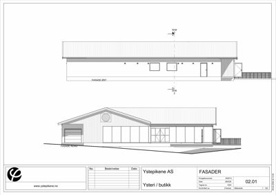 Fasadetegning som viser bygningens utsyn fra nord og øst, inkludert snittlinjer og detaljer.
