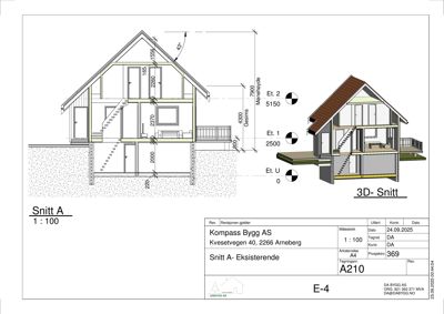 Tegning som viser et tverrsnitt (Snitt A) av en eksisterende bygning, inkludert høyder, etasjer og 3D-visualisering av snittet.