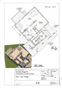 Etasjeplan (1. etg) med romfordeling, arealer og snittreferanser, samt en 3D-visualisering av samme etasje.