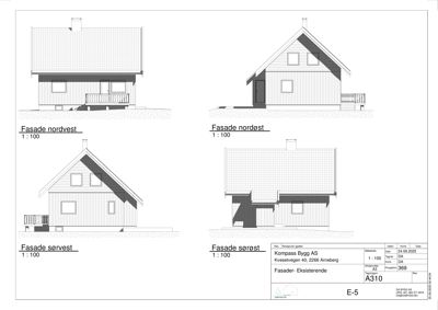 Fasadetegninger som viser bygningens utsyn fra fire sider (nordvest, nordøst, sørvest, sørøst).