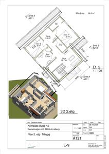 Etasjeplan for 2. etasje (Plan 2. etg.) med romfordeling, arealer og snittreferanser, samt en 3D-visualisering av samme etasje.