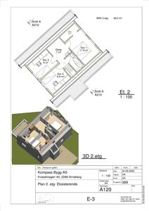 Etasjeplan for 2. etasje (Et. 2) med romfordeling, arealer og snittreferanser, samt en 3D-visualisering av samme etasje.