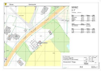Situasjonskart som viser tomtens beliggenhet, grenser, eksisterende og planlagt bebyggelse, samt byggeareal (BYA) og bruksareal (BRA) beregninger.