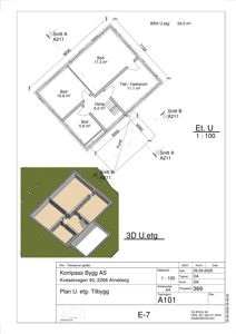 Etasjeplan (U.etg) med romfordeling, arealer og snittreferanser, samt en 3D-visualisering av samme etasje.