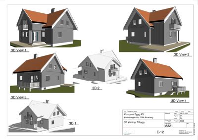 En samling av 3D-visualiseringer (renderinger) av en planlagt bygning fra ulike vinkler.