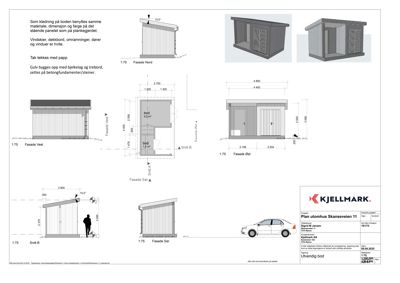 Fasadetegninger og snittegninger for en utvendig bod, inkludert mål og detaljer.