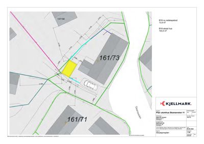 Situasjonsplan som viser tomtens grenser (161/73), nabotomter, veier (Skanseveien), og plassering av eksisterende og planlagt bygning.
