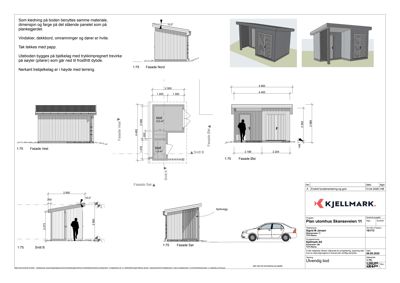 Fasadetegninger for en utvendig bod med oppriss av alle sider (Nord, Sør, Øst, Vest) samt snittegninger (Snitt A og B) og en bil som referanse for skala.