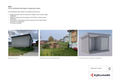 Bildet viser en samling av tre bilder (to foton og én 3D-skisse) som illustrerer et prosjekt for å bygge en bod, inkludert ønsket type, plassering og skisse.