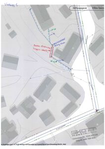 Situasjonsplan som viser eksisterende og planlagt geometri, stier (SP 110), nivåer (VL 30) og en betongkum.