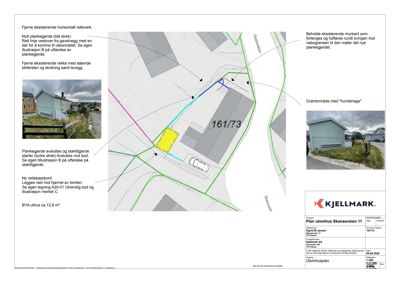 Situasjonsplan som viser tomtens grenser, eksisterende og planlagt bebyggelse, samt fargekodet informasjon om planlagte tiltak (f.eks. nye hekkverk og utvidelse av rabatt).