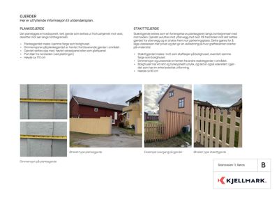 Fotografier som viser eksempler på planlegte gjerder (plankegjerde og stakittgjerde) og dimensjoneringsdetaljer.