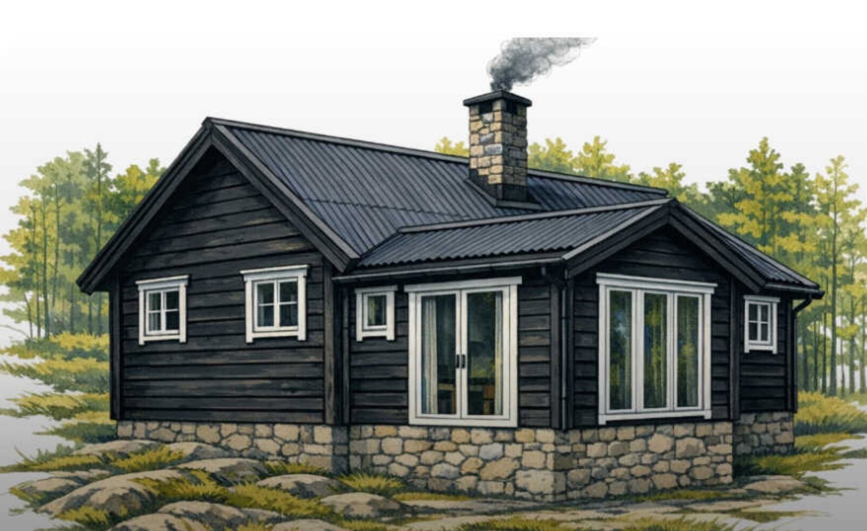 En illustrasjon (rendering) av en mørk, trepanelt hytte med steinfundament, sett fra en vinkel som viser fasade og side. Bildet viser også omgivelser med skog og steiner.
