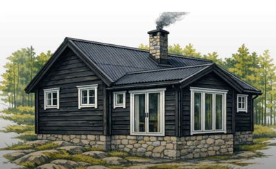 En illustrasjon (rendering) av en mørk, trepanelt hytte med steinfundament, sett fra en vinkel som viser fasade og side. Bildet viser også omgivelser med skog og steiner.