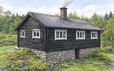 En illustrasjon (rendering) av en mørk, tømmerhytte med steinmur, sett fra en vinkel som viser fasade og del av siden, med røyk fra skorsteinen.