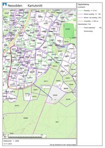 Kartutsnitt som viser eiendomsnummer, vegnett og topografi for Nesodden-området.