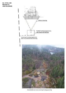 Et fotografi av et byggefelt med terrengforhold, en eksisterende bygning og en planlagt fordrøyningskammer (markert med hvit tegning).